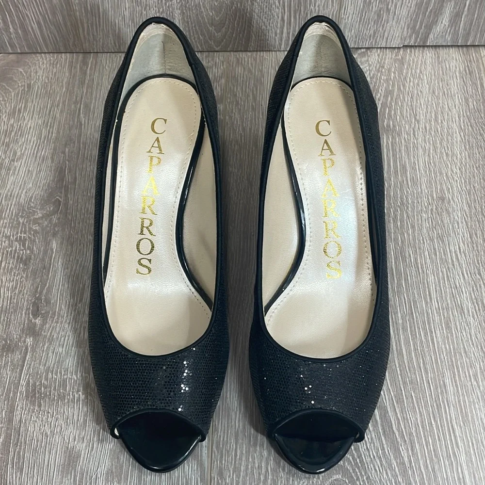 Caparros Black Sparkle Peep Toe Open Toe Pump Heels 8B